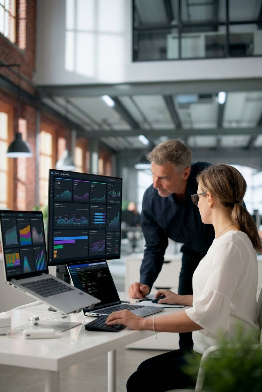 Two security analysts reviewing threat dashboards on a monitor